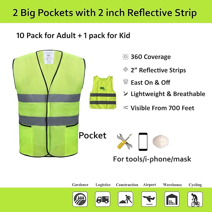 Safety Vests 10 Pack with Pockets, High Visibility Reflective Construction ANSI - Image 2