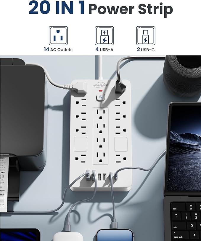 Surge Protector Power Strip-14 Outlets and 6 USB Ports, 10 Feet Flat Plug - Image 2