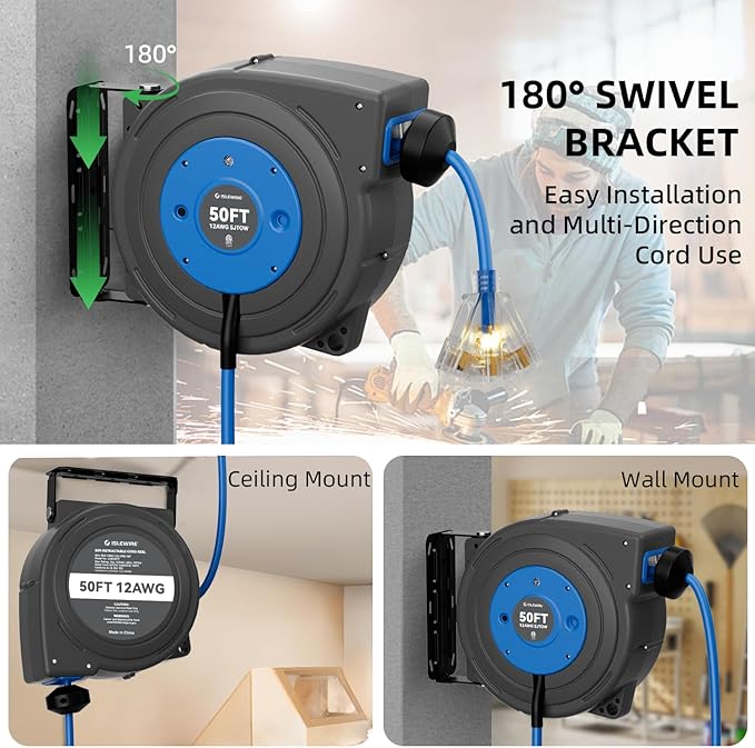 50 FT Retractable Extension Cord Reel, Heavy Duty 12AWG/3C SJTOW Power Cord - Image 8
