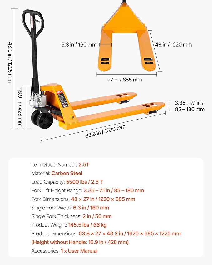 VEVOR Pallet Jack, 5500 lbs Load Capacity, Manual Pallet Truck - Image 7