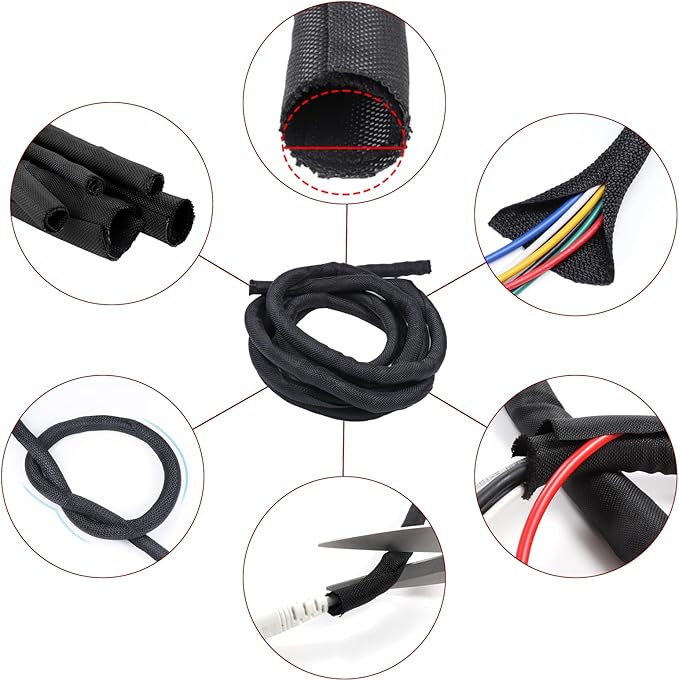 Black Braided Cable Management Sleeves Wire Loom Tubing Cord Protector - Image 9