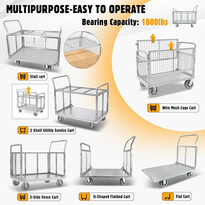 Platform Truck Cart with Cage, 6-in-1 Flatbed Utility Carts, Foldable Heavy - Image 7