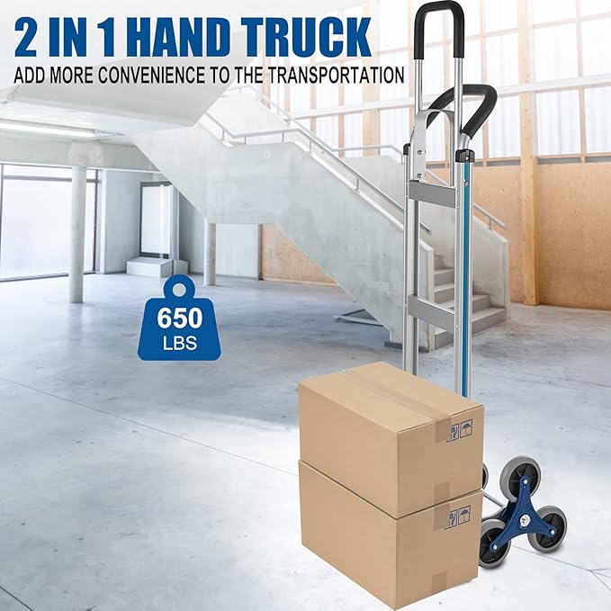 2 in 1 Aluminum Hand Truck 650 lb Capacity, Heavy Duty Stair Climbing Cart - Image 3
