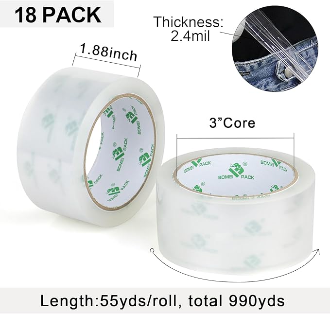 BOMEI PACK Clear Silent Packing Tape 18 Rolls, NO Noise Quiet Tape Refill Rolls - Image 3