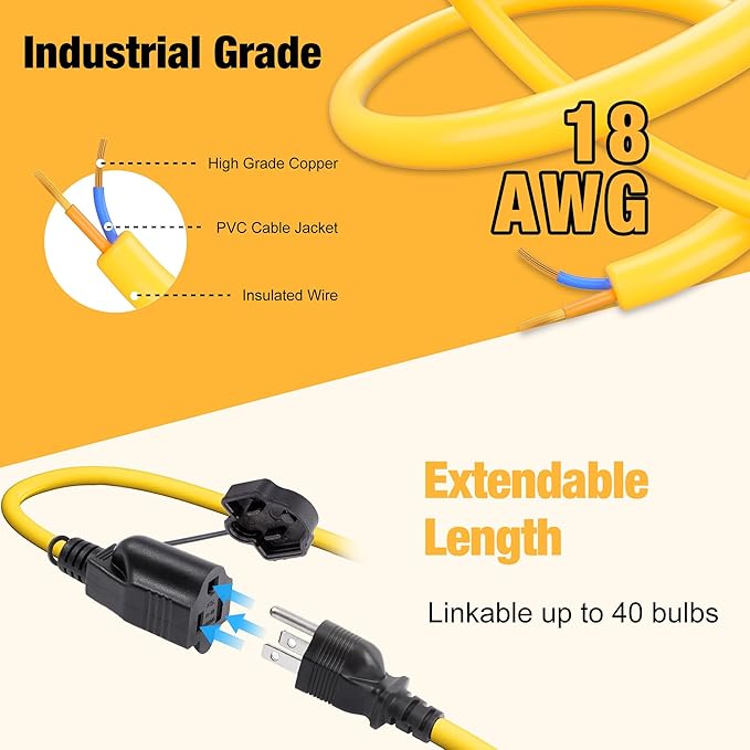 3-Prong 100FT Construction String Lights, IP65 Waterproof ETL Certified String - Image 6