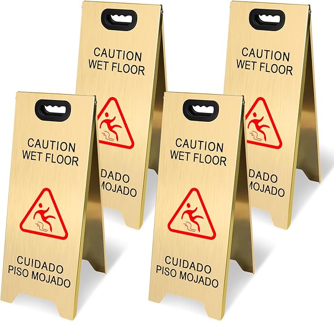 4 Pack Stainless Steel Wet Floor Sign, 24 Inch Caution Wet Floor Sign Portable by KERTY