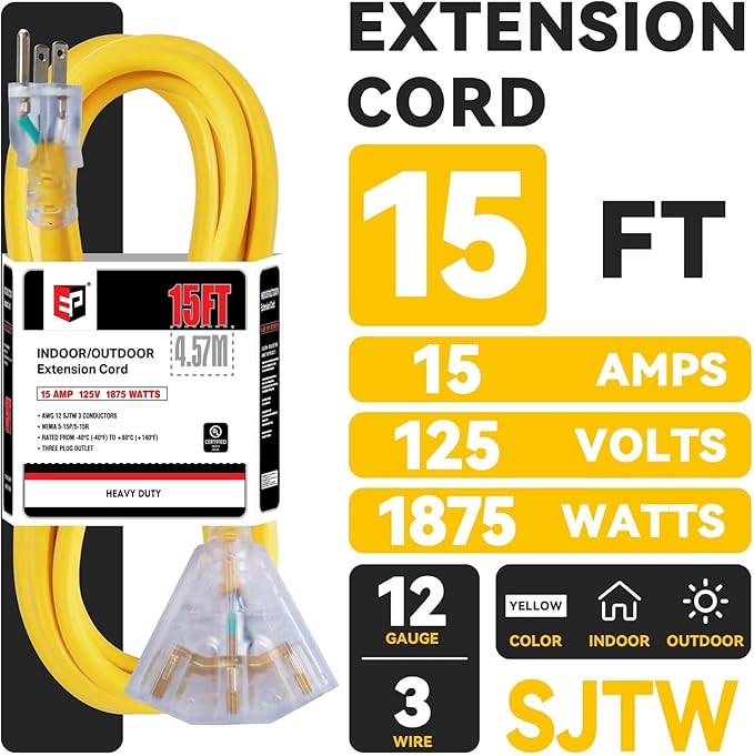 EP 15 Ft 12 Gauge Heavy Duty Extension Cord, 15A 125V 1875W, 3 Outlet - Image 2
