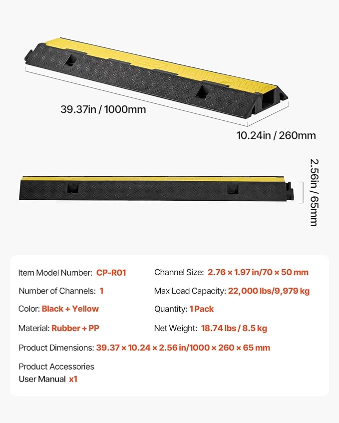 VEVOR Cable Protector Ramp, 1 Channel Heavy Duty 39.37'' Rubber Cord Hose Wire - Image 7