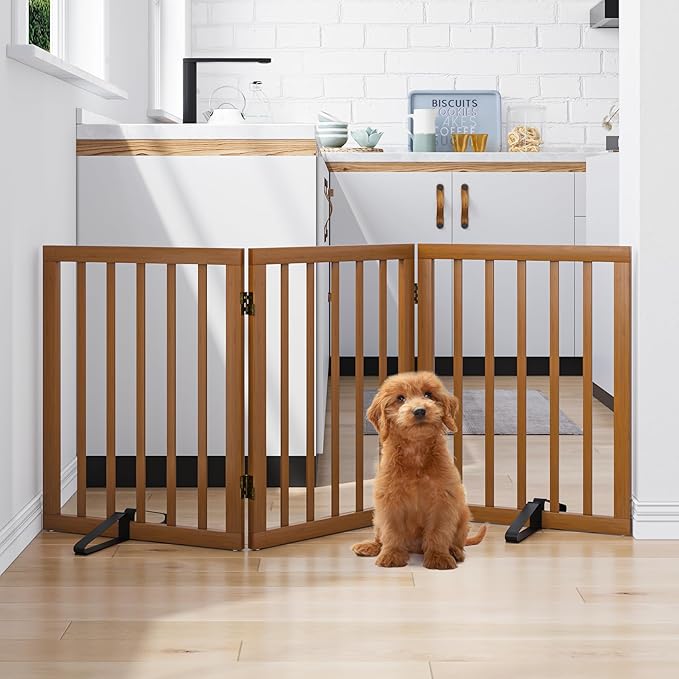Freestanding Pet Gate Foldable Dog Gate Walnut Bamboo Dog Gates - Image 3