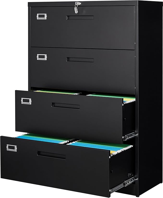 Lateral File Cabinet with Lock, 4 Drawer Large Metal Filing Cabinet, Home by Fesbos