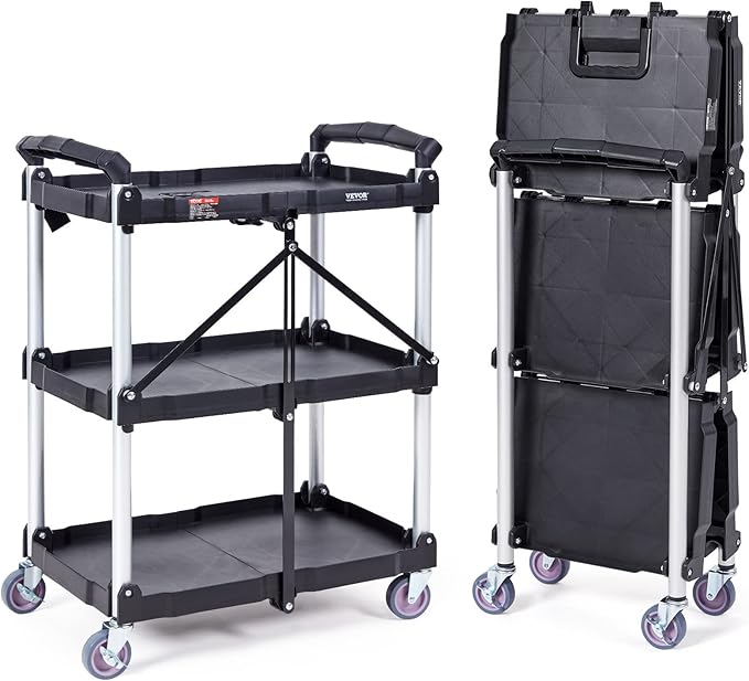 VEVOR Foldable Utility Service Cart, 165LBS 3 Shelf Heavy Duty Plastic Rolling by VEVOR