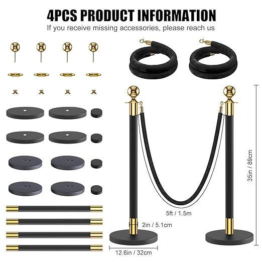 kaiyomi 4Pcs Stanchions with Black Velvet Ropes Set, 5 Feet Velvet Ropes and - Image 2