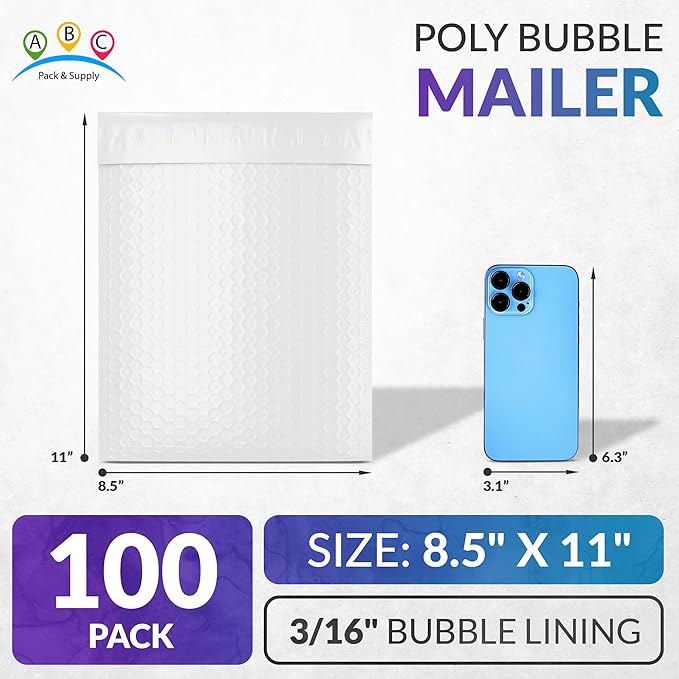 ABC PACK & SUPPLY Poly Bubble Mailers, 8.5 x 11 Inch. Pack of 100 White Padded - Image 2