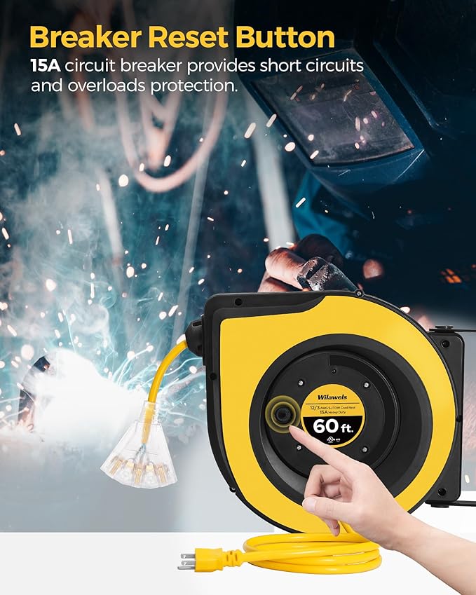 Retractable Cord Reel, 60 FT Heavy Duty Extension Cord, 12AWG/3C SJTOW - Image 3