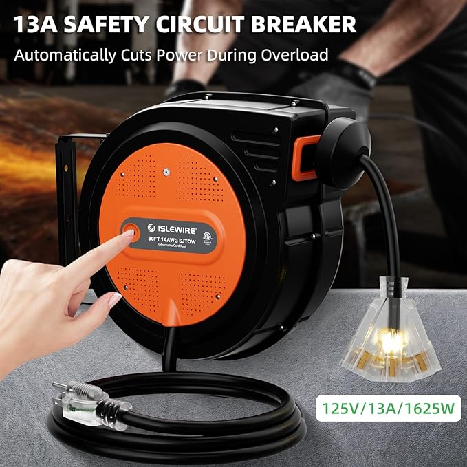 80FT Retractable Extension Cord Reel, 14 AWG/3C SJTOW Heavy Duty Power Cord - Image 6