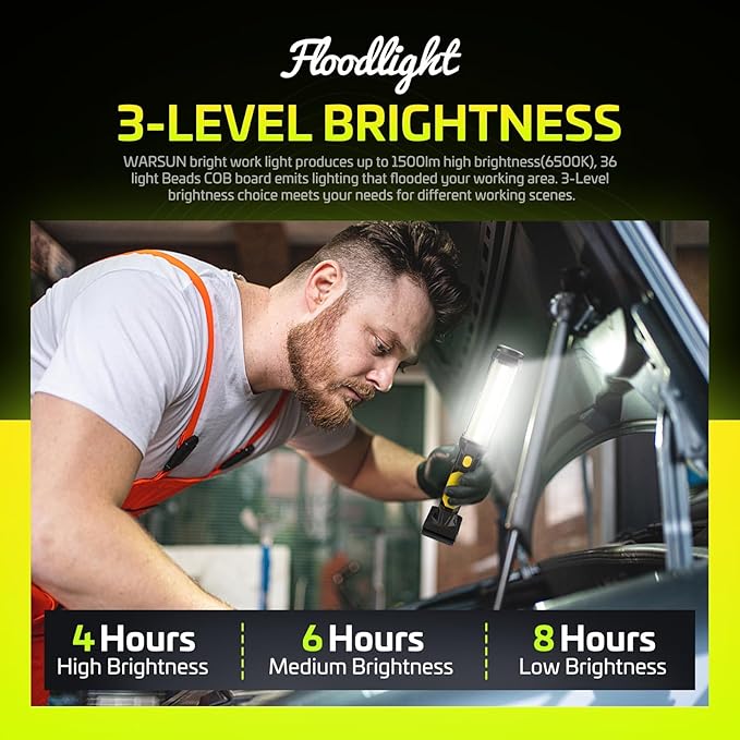 ​​WARSUN Rechargeable COB LED Work Light-Magnetic Hands-Free Trouble Light - Image 4