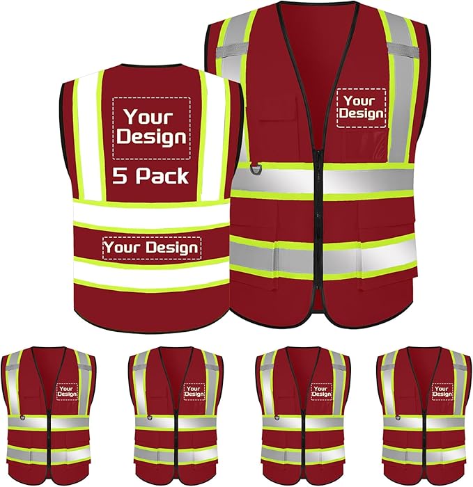 Custom Safety Vest with Logo Pockets High Visibility Reflective Vests by CustomTok