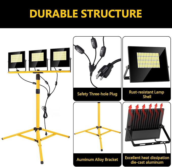 36000 Lumen Work Lights with Stand, 3 Adjustable Head LED Work Light with - Image 3