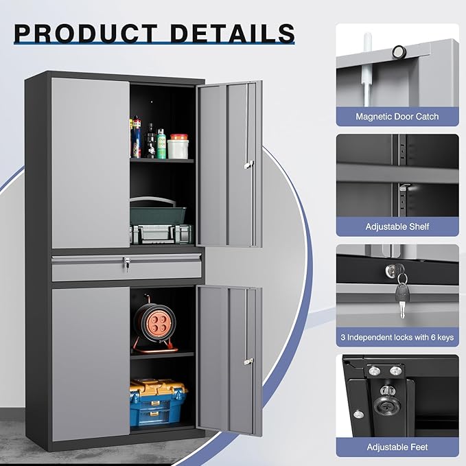 Metal Storage Cabinet with with Drawer, Garage Storage Cabinet with Locking - Image 4