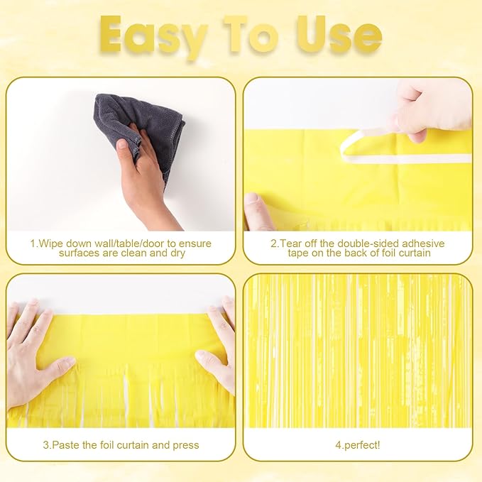 3 Pack 3.3 x 8.2 ft Pastel Yellow Foil Fringe Backdrop Curtains, Tinsel - Image 4