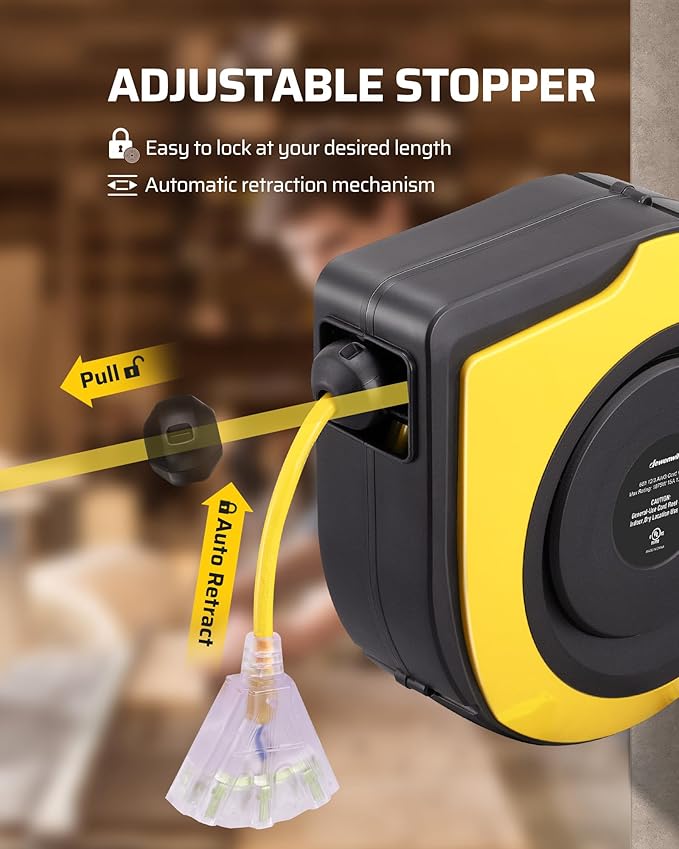 DEWENWILS Retractable Cord Reel, 60FT Heavy Duty Extension Cord, 12AWG/3C SJTOW - Image 4