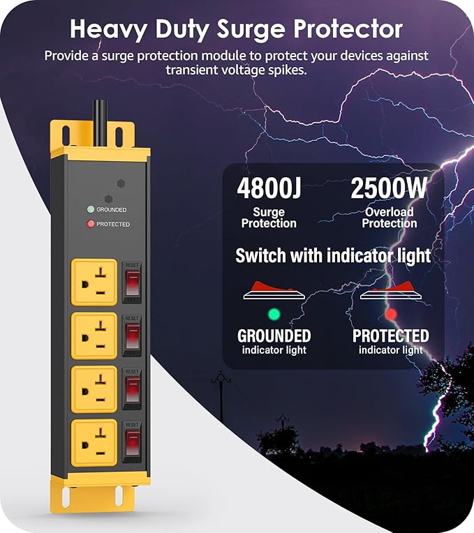 CCCEI Heavy Duty Surge Protector Power Strip 20 Amp Individual Switches. 20FT - Image 2