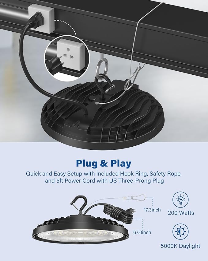 200W UFO LED High Bay Light, 000LM LED Shop Lights Fixture, Replace 600W Halogen - Image 8
