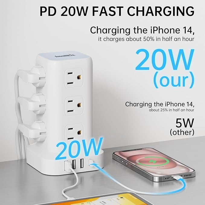 PD20W Power Strip Tower Surge Protector, 16.5FT Extension Cord, Power Strip - Image 2