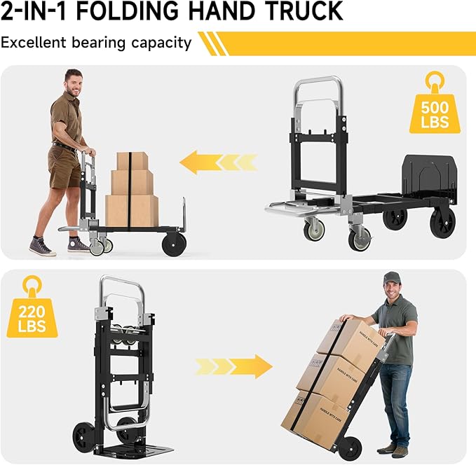 3-in-1 Heavy Duty Folding Hand Truck, 500LB Capacity Convertible Steel Dolly - Image 3