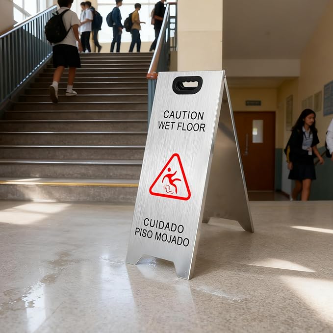 4 Pack Stainless Steel Wet Floor Sign, 24 Inch Caution Wet Floor Sign Portable - Image 6