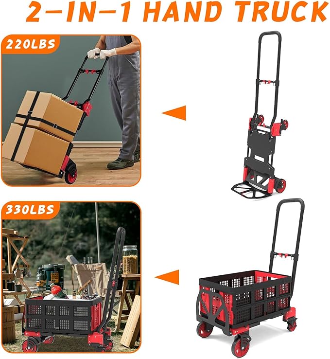 2-in-1 Folding Hand Truck with Folding Basket, Hand Truck with Retractable - Image 3
