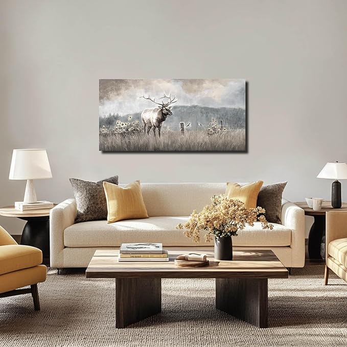 ZHENGYIN Elk & Wildflowers Canvas Wall Art, Western Deer Wildlife Meadow - Image 4