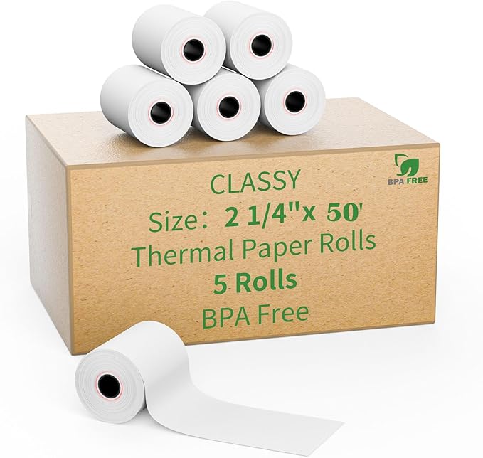 2 1/4" x 50' feet Thermal Paper, POS Cash Register Receipt Rolls, 5 Rolls by CLASSY