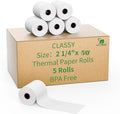 2 1/4" x 50' feet Thermal Paper, POS Cash Register Receipt Rolls, 5 Rolls by CLASSY