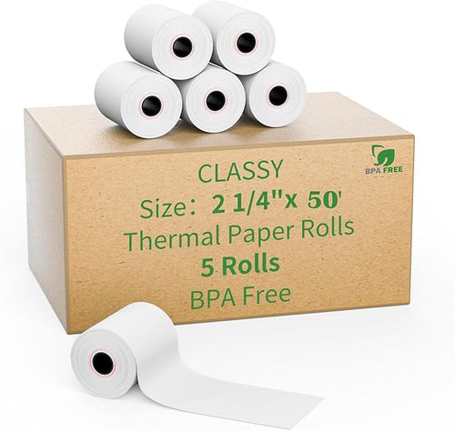 2 1/4" x 50' feet Thermal Paper, POS Cash Register Receipt Rolls, 5 Rolls by CLASSY