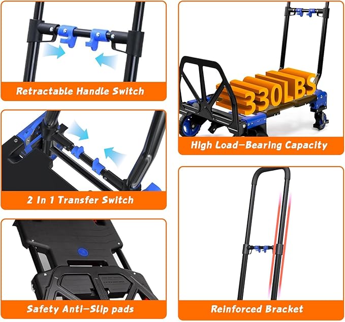 2-in-1 Folding Hand Truck with Retractable Handle, 330LBS Capacity Heavy Duty - Image 5