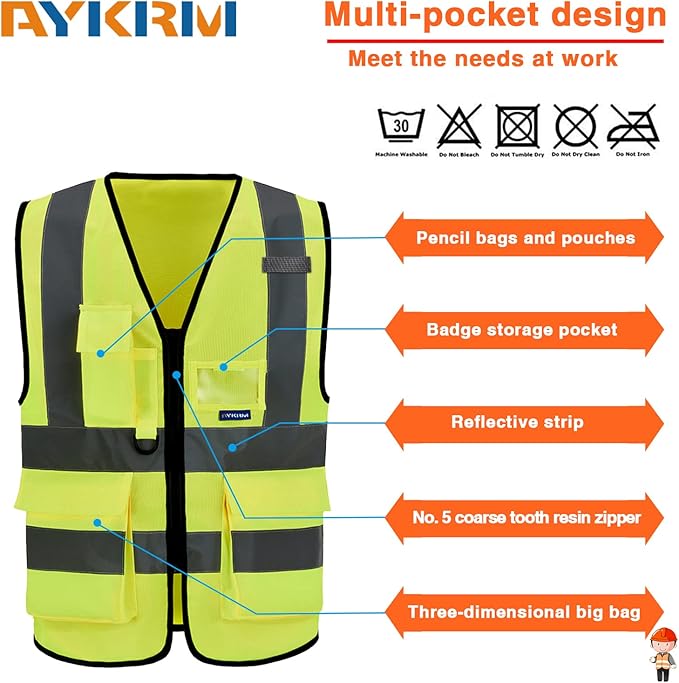X Small High visibility vest, Reflective Safety Vest Workwear 7 Pockets Hi Vis - Image 2