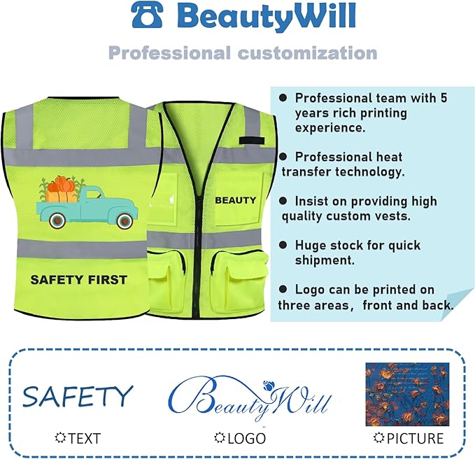 BeautyWill Custom Logo 5 Pack Safety Vest Mesh High Visibility Reflective Vest - Image 5