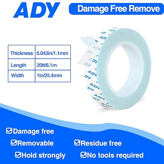 ADY Removable Double Sided Tape Heavy Duty 1in x 20ft, Damage Free Picture - Image 2