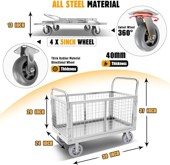 Platform Truck Cart with Cage, 6-in-1 Flatbed Utility Carts, Foldable Heavy - Image 6