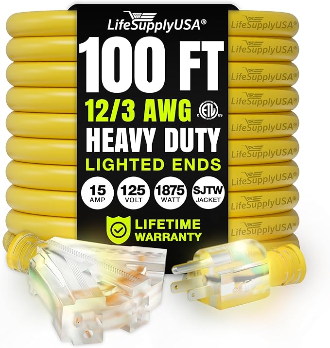 100ft Outdoor/Indoor Extension Cord 3-Outlet 12/3 Gauge Extra Heavy Duty ETL by LifeSupplyUSA