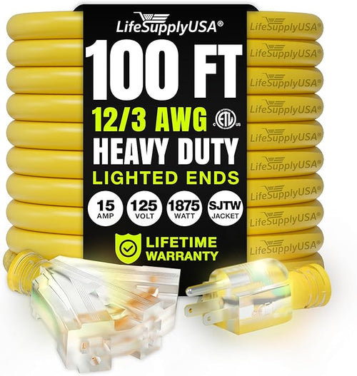 100ft Outdoor/Indoor Extension Cord 3-Outlet 12/3 Gauge Extra Heavy Duty ETL by LifeSupplyUSA