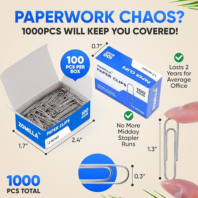 Paper Clips, Zomilla 1000 Pcs Paperclips, 1-2/7" Medium Paper Clip, Rustproof - Image 6