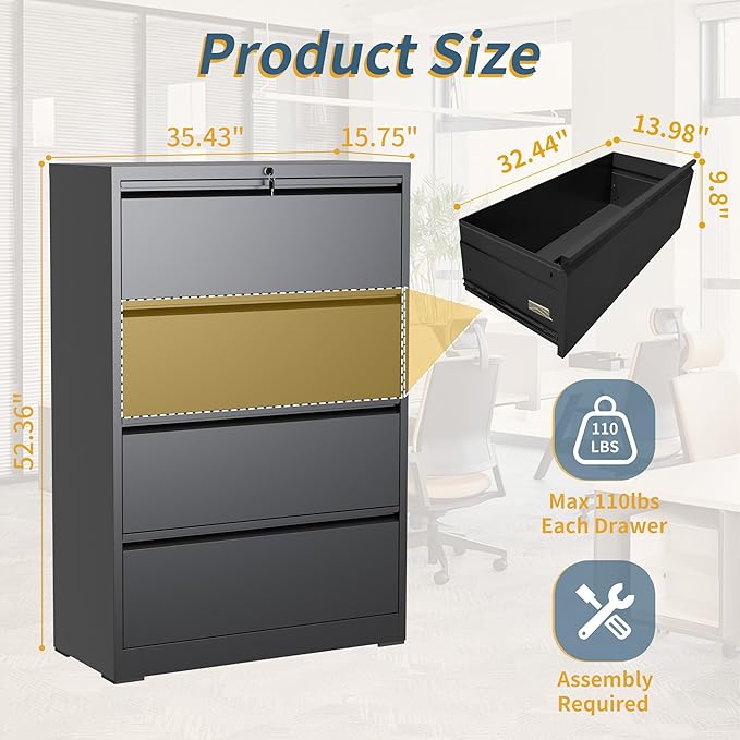 4 Drawer File Cabinet with Lock, Lateral Filing Cabinets, Metal Storage Filing - Image 3