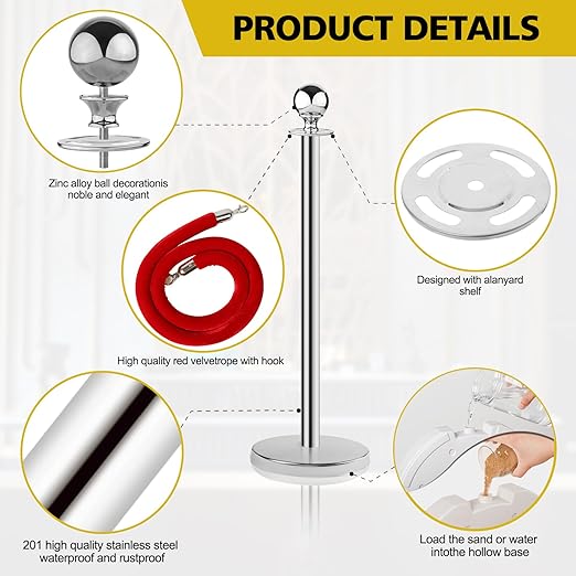 Stainless Steel Stanchion Post Queue, 5 ft Red Velvet Rope Red Carpet Ropes and - Image 3