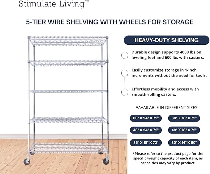 48"x24"x72" Prime Heavy Duty Chrome 5-Tier Steel Wire Shelving NSF 4000 LBS MAX - Image 6