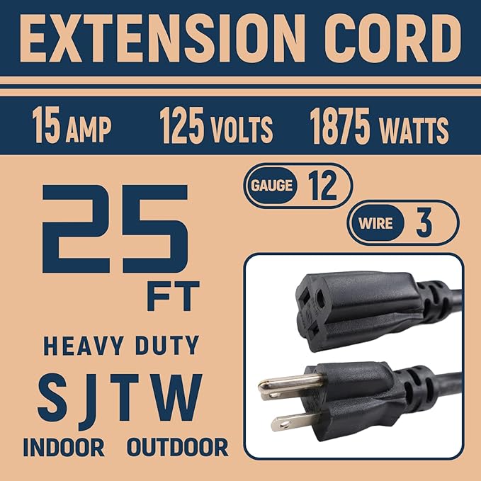 12 Gauge Indoor Outdoor Black Extension Cord Heavy Duty 25 FT, 12 AWG SJTW - Image 2