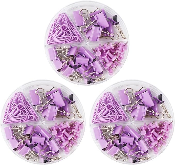 Purple Paper Clips and Binder Clips Set, Metal Assorted Sized Binders by CREECHWA