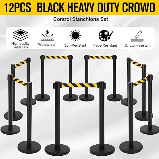Therwen 12 Pcs Stanchions with 8.2 ft Retractable Belt Black Yellow Crowd - Image 3