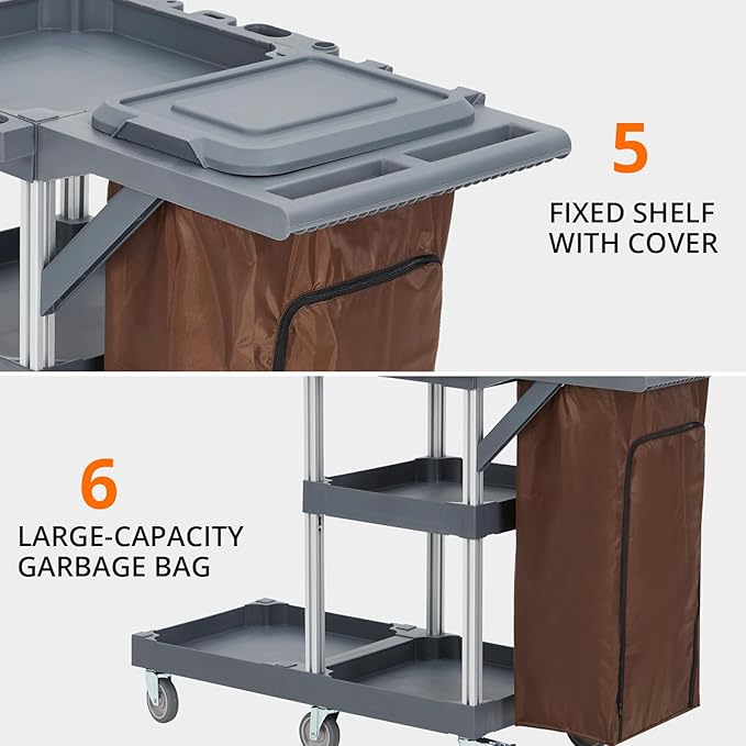 Heavy-Duty Cleaning Cart with Wheels & Shelves, 3-Tier Rolling Service Cart - Image 6